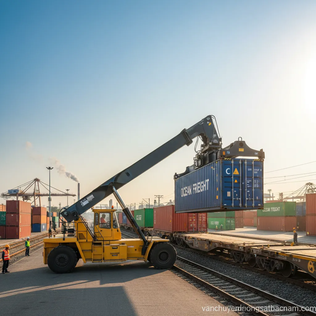 1. Xe nâng xếp container lên toa tàu.