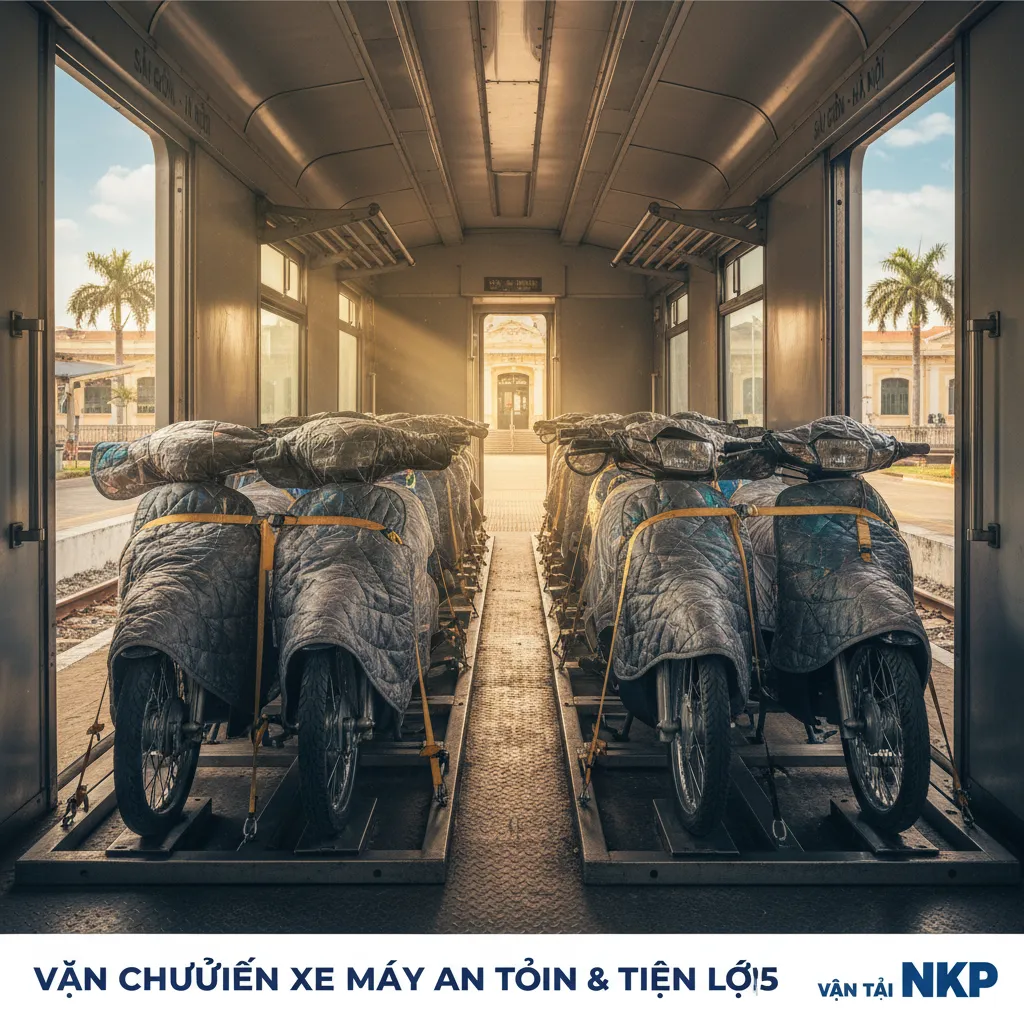 1. Xe máy được bọc lót kỹ càng trên toa tàu chuyên dụng.