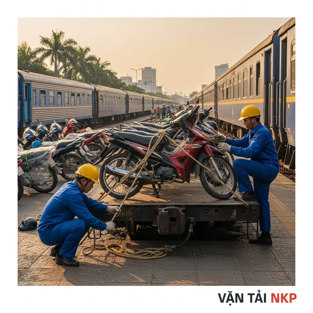 3. Nhân viên đường sắt gia cố xe máy an toàn trước khi tàu chạy.